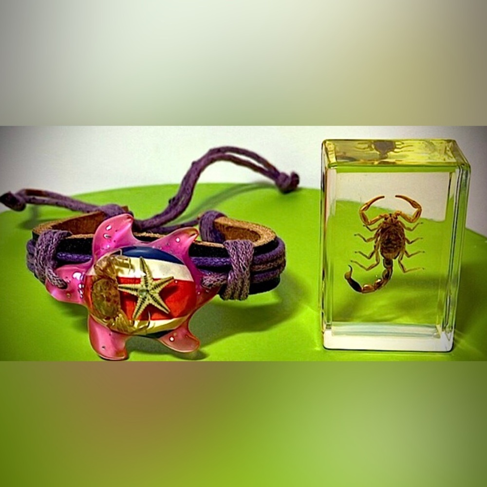 Vintage Leather bracelet w/Hermit crab - Starfish & Lucite Scorpion Paperweight